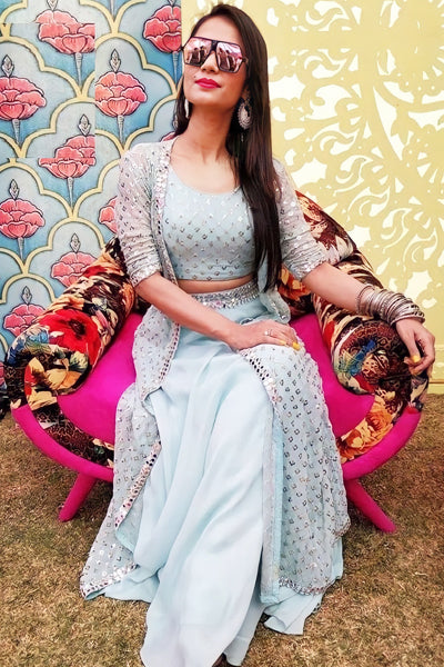Modern lehenga with shrug 2021 Sky blue - Anaya Designer Studio