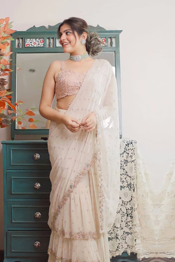 Modern twist ruffle saree 3 layers off White