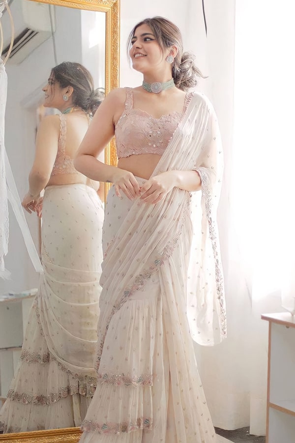 Modern twist ruffle saree 3 layers off White