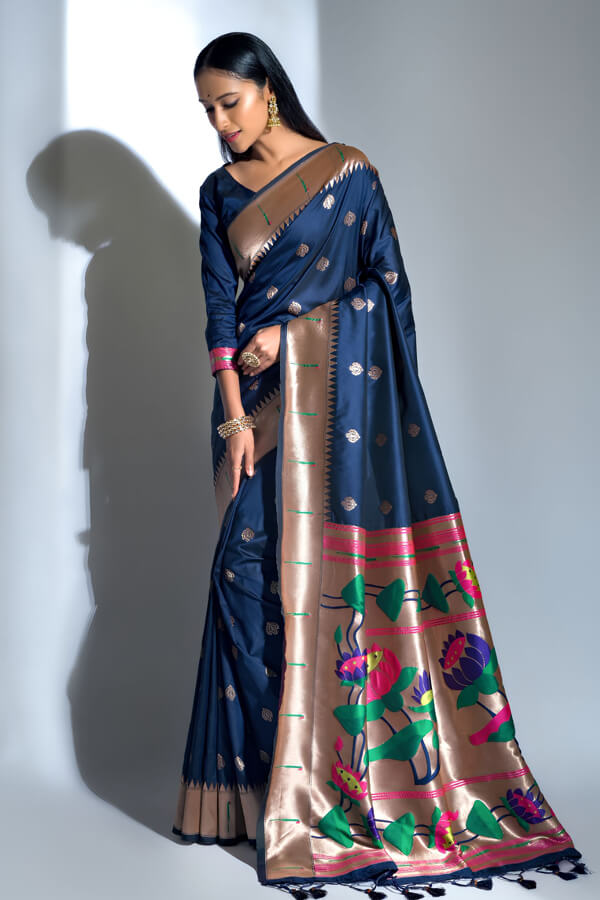 Navy Blue Marathi Paithani Saree Look For Women