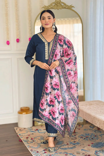 Navy Blue Kurti & Floral Dupatta