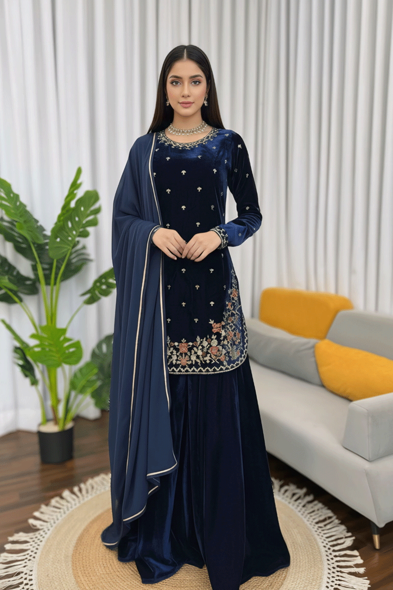 Navy Blue Velvet Winter Suit for Women