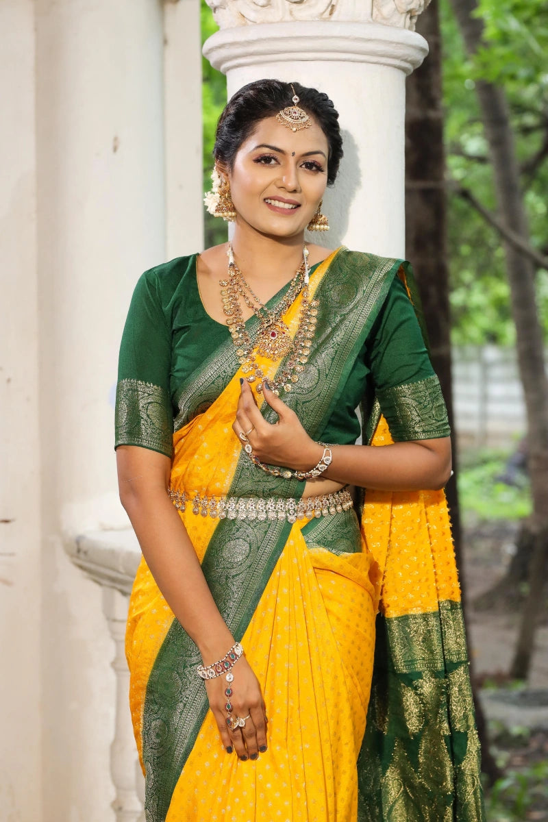 Yellow Green Combination Colour Silk Saree For Pithi Rasam