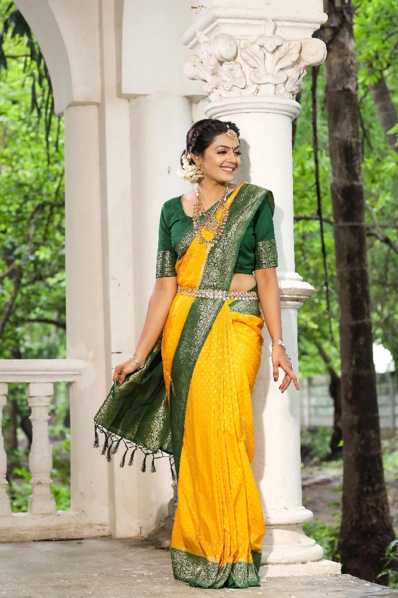 Yellow Green Combination Colour Silk Saree For Pithi Rasam