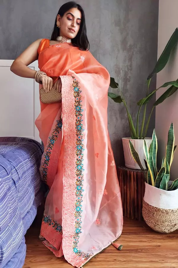 Orange Designer Organza Saree Online In 2022 - Anaya Designer Studio