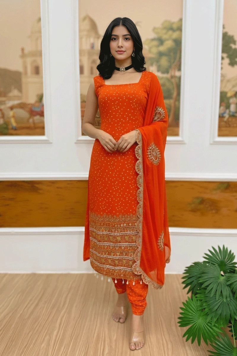 Orange Slub Cotton Chudidar Suit