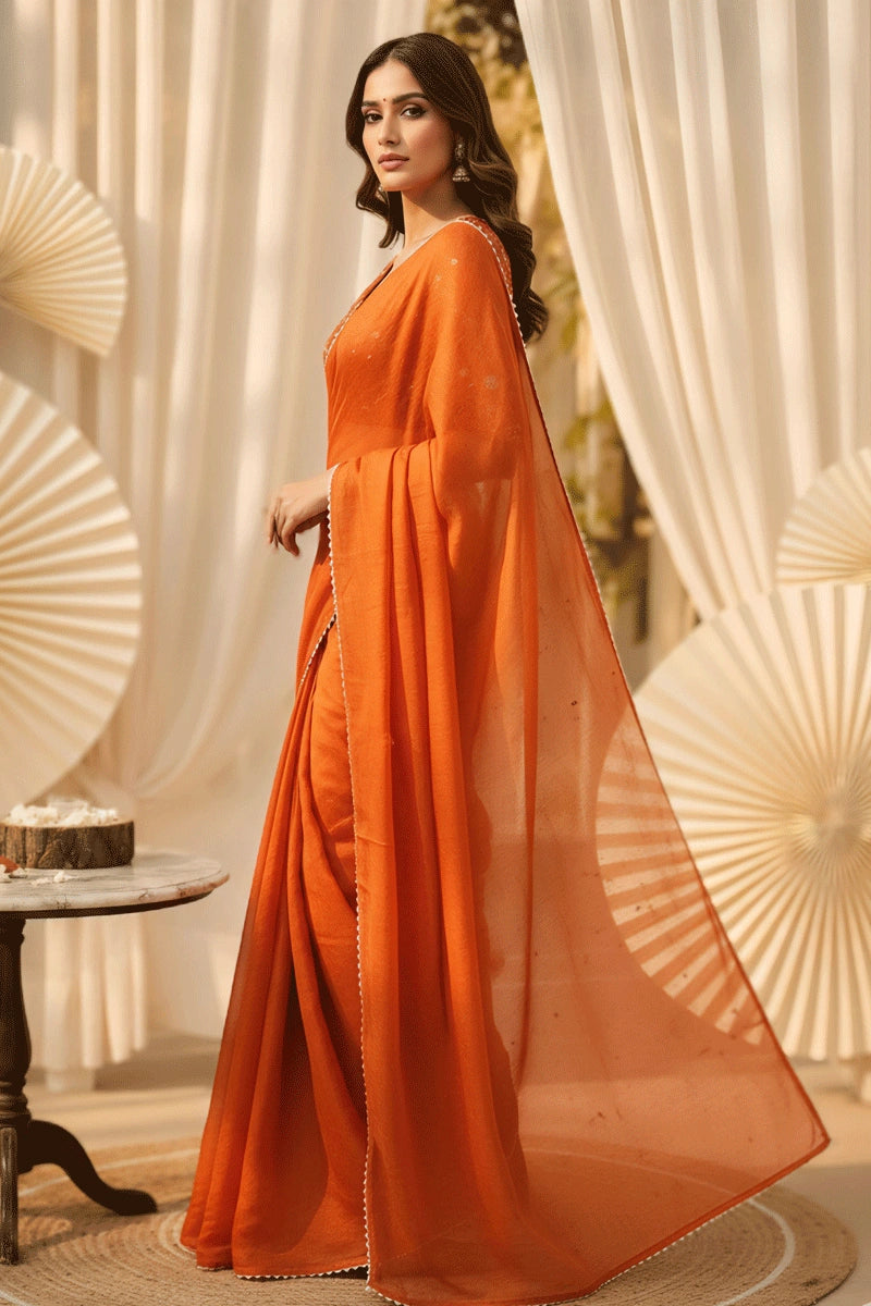 Reception Wear Orange Silk Saree for Girl