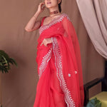 Organza silk sarees with Embroidery Red