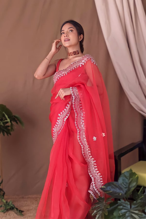 Organza silk sarees with embroidery Price red
