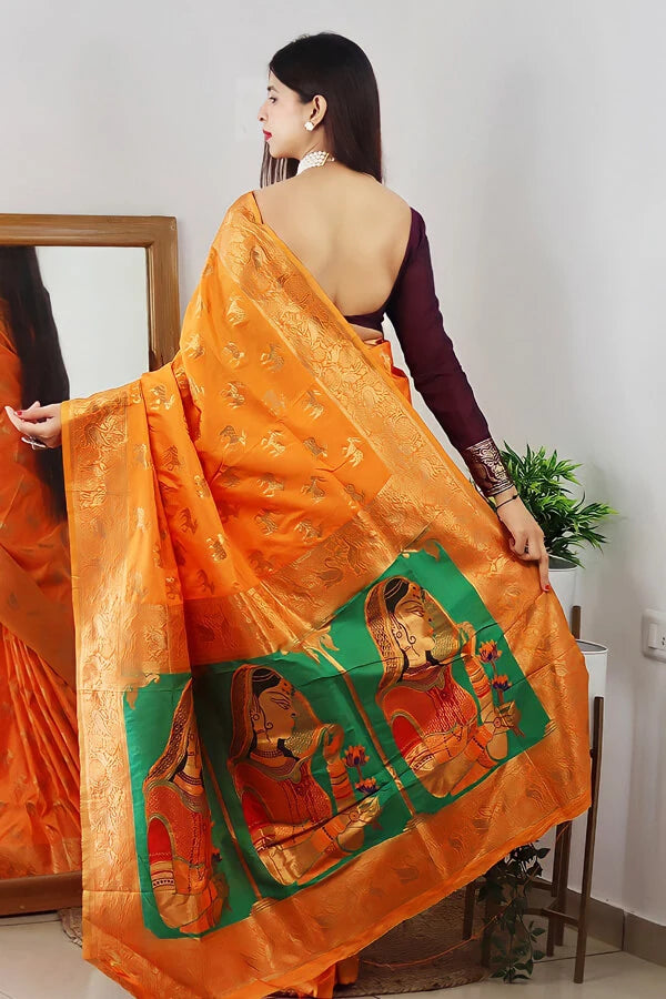 Traditional Wedding Paithani Saree With Mughal Print For Women