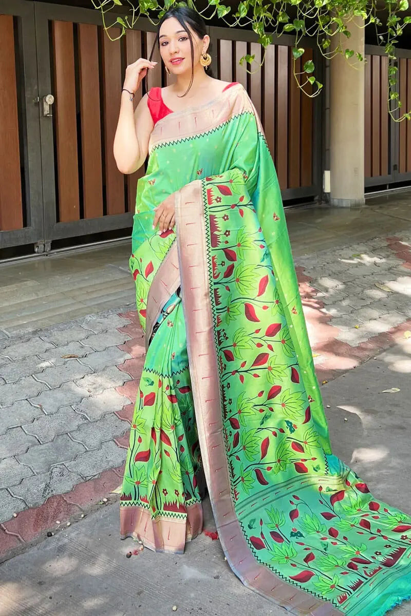 Parrot Green Colour Paithani Saree 2024