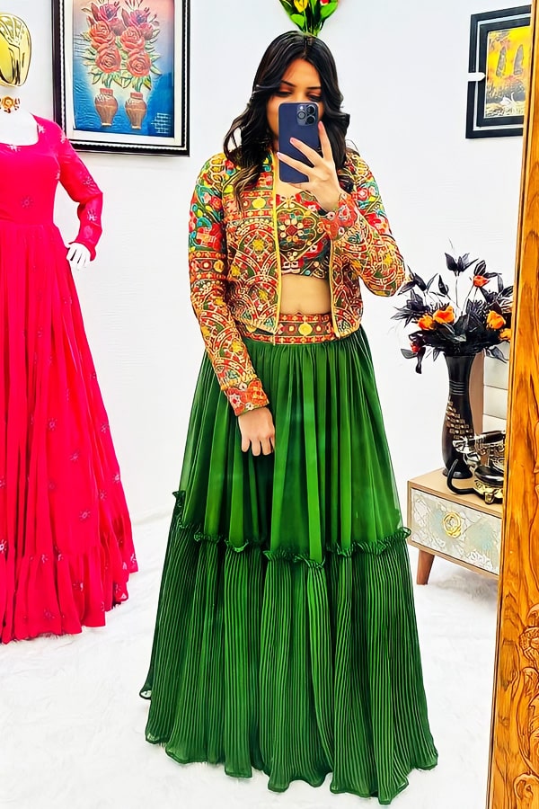 Party Wear Crop Top Lehenga With Jacket For Girls - Anaya Designer Studio