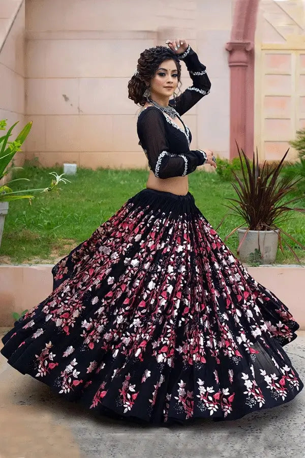Floral Long Sleeve Crop Top With Lehenga For Girls - Anaya Designer Studio