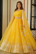 Party Wear Yellow Crop Top Lehenga With Dupatta For Women