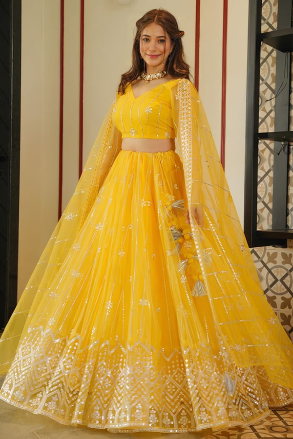 Party Wear Yellow Crop Top Lehenga With Dupatta For Women