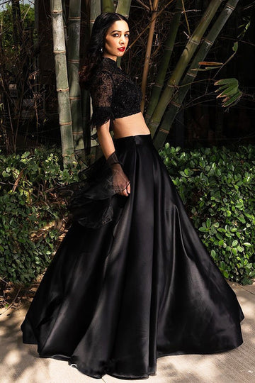 Party Wear Black Crop Top With Long Skirt Women's Sequined Black Dress With Plunging Neckline And Party Wear Black Crop Top With Long Skirt Women's Sequined Black Dress With Plunging Neckline And