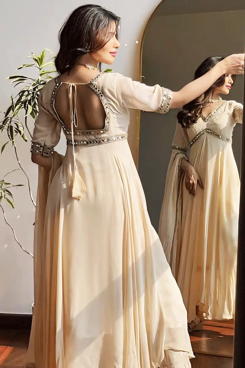 Rakhi Special Cream Color Long Gown Design For Girls