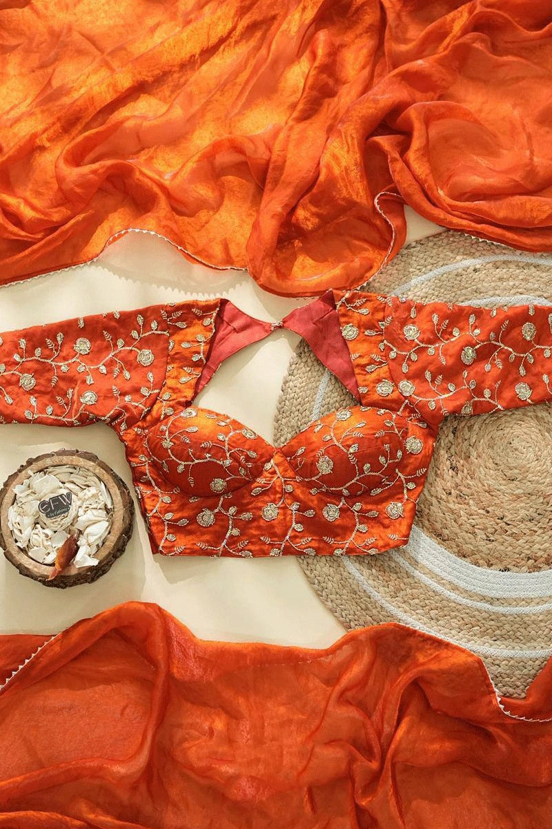 Party Wear Orange Silk Saree for Girl