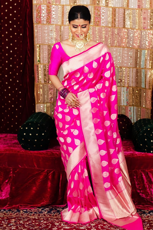 Pink Banarasi Saree Look For Wedding