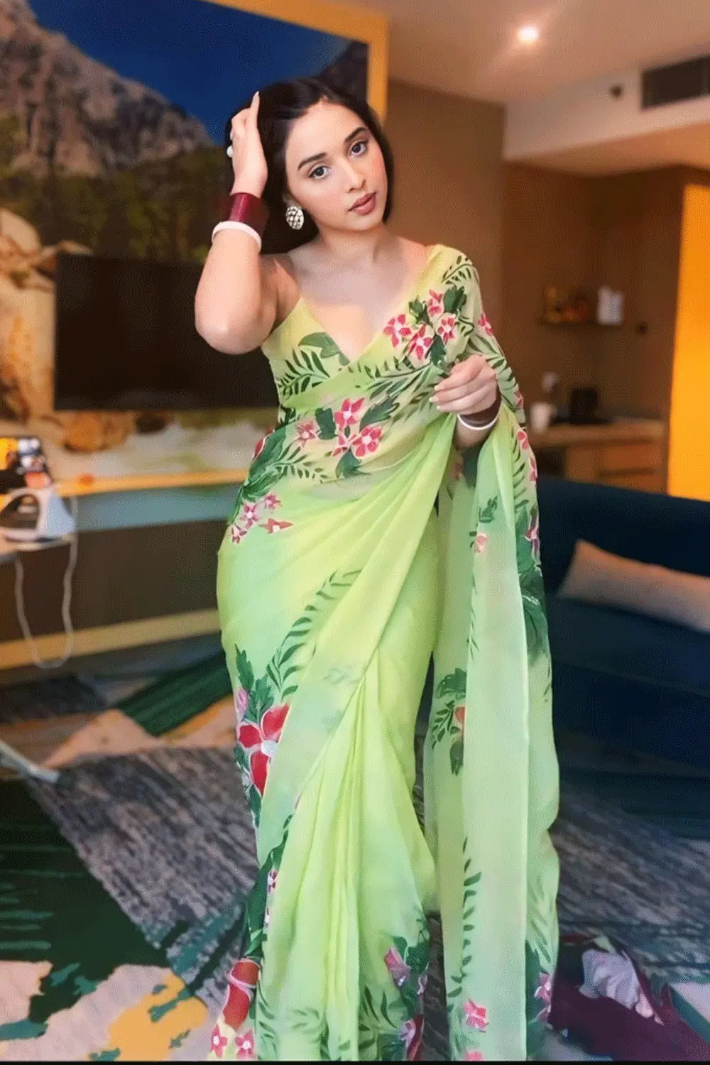 Floral Print Ready To Wear Saree For Farewell