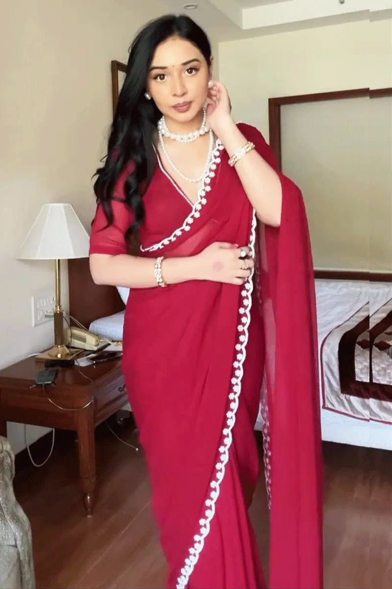 Pre Stitched Maroon Saree For Farewell Party In School