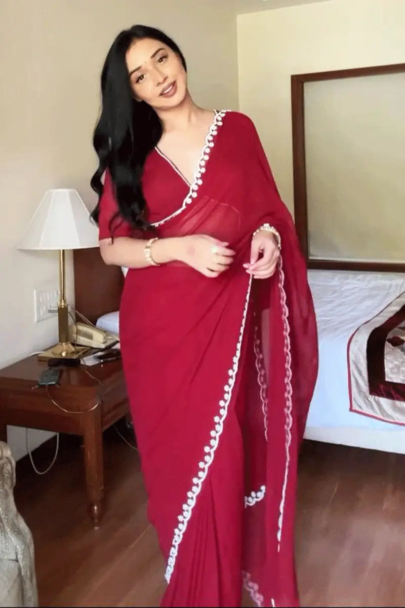 Pre Stitched Maroon Saree For Farewell Party In School