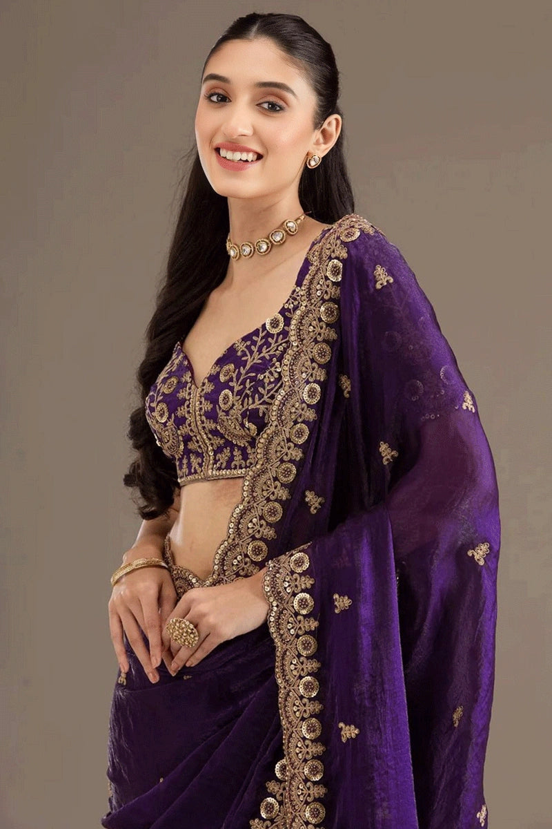Premium Dark Purple Reception Saree with Sequence Work