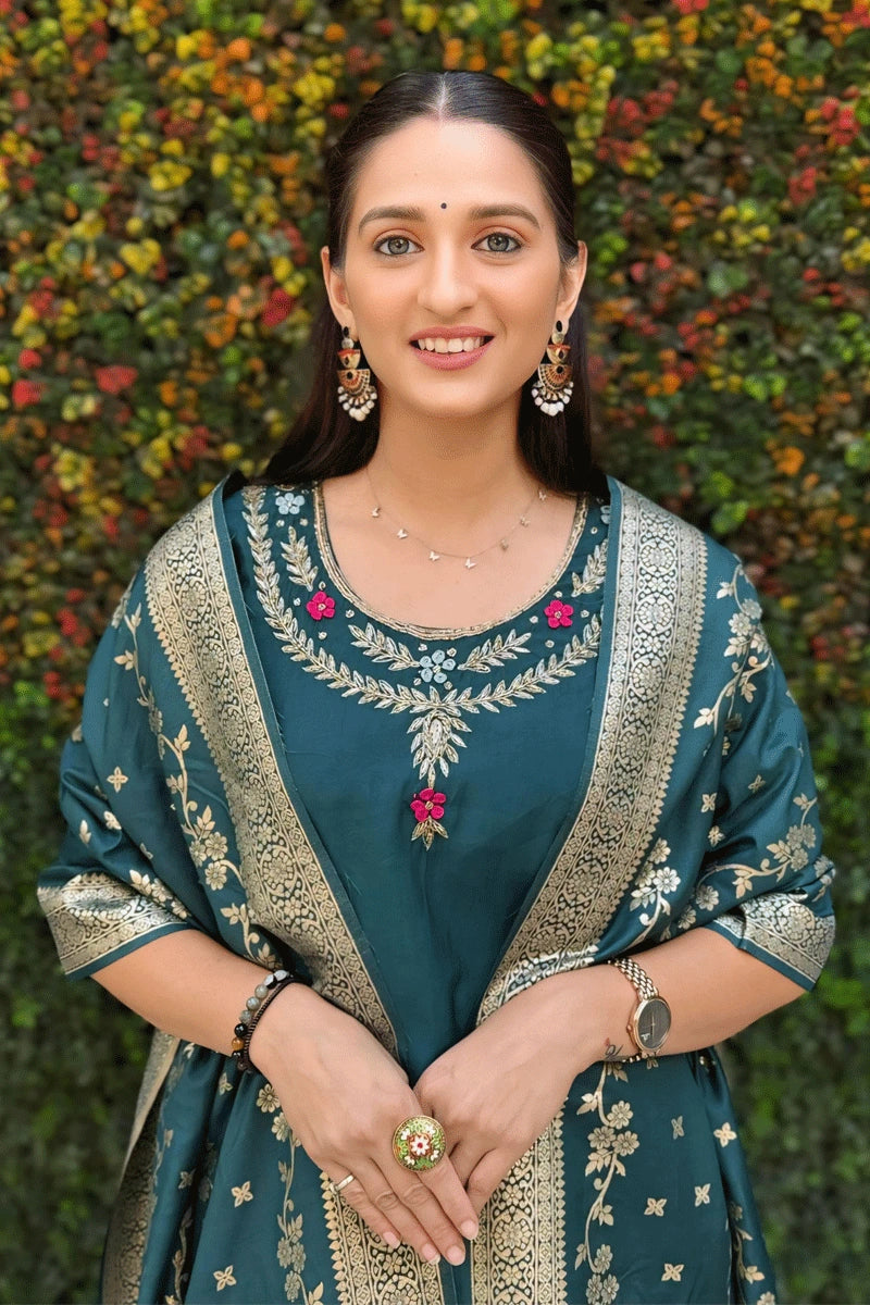 Buy Teal Blue Handwork Kurti Set in Premium Roman Silk