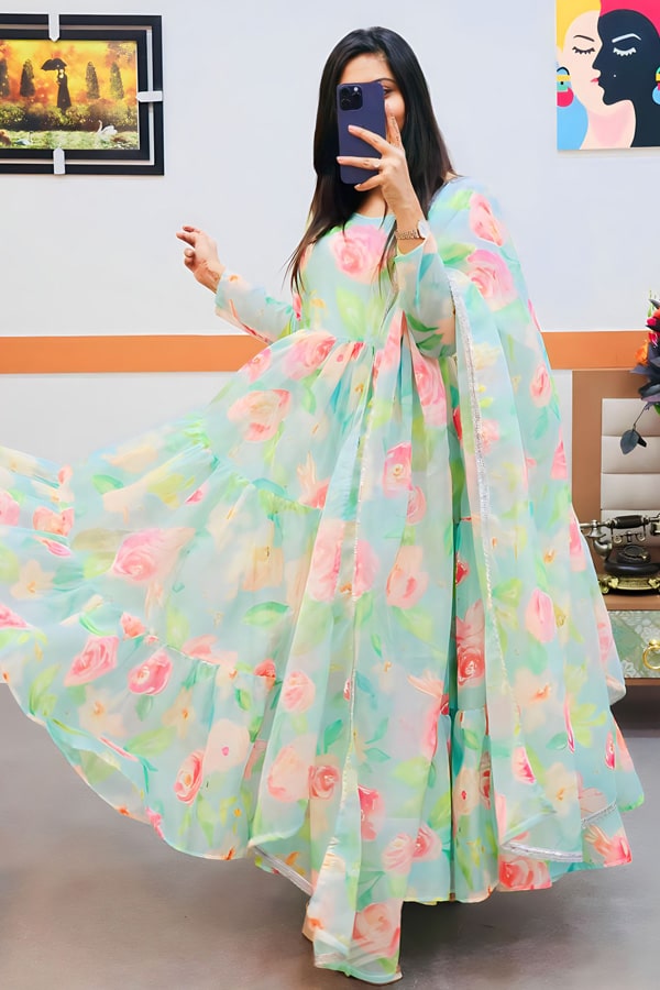 Flower Print Gown Dress For Girls - Anaya Designer Studio