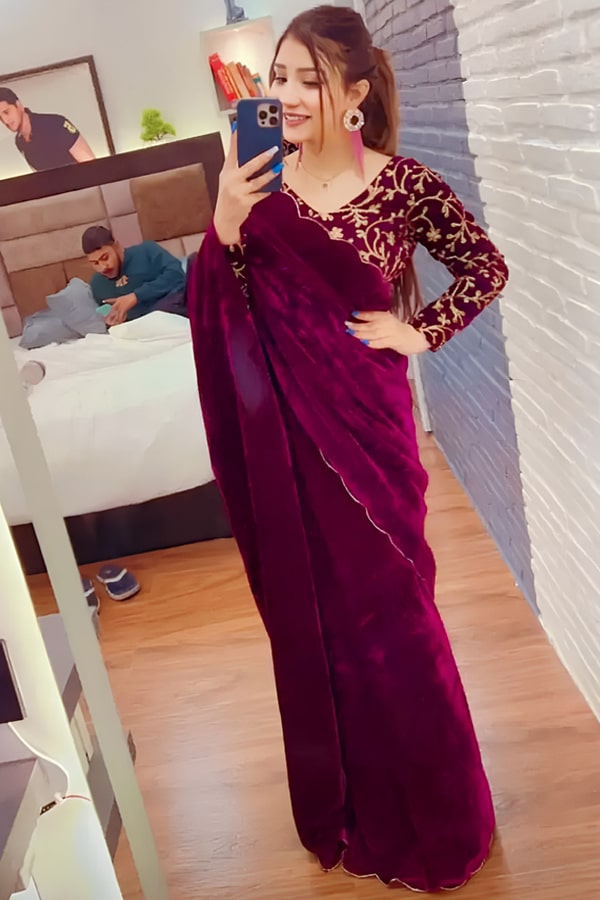 Purple Velvet Saree