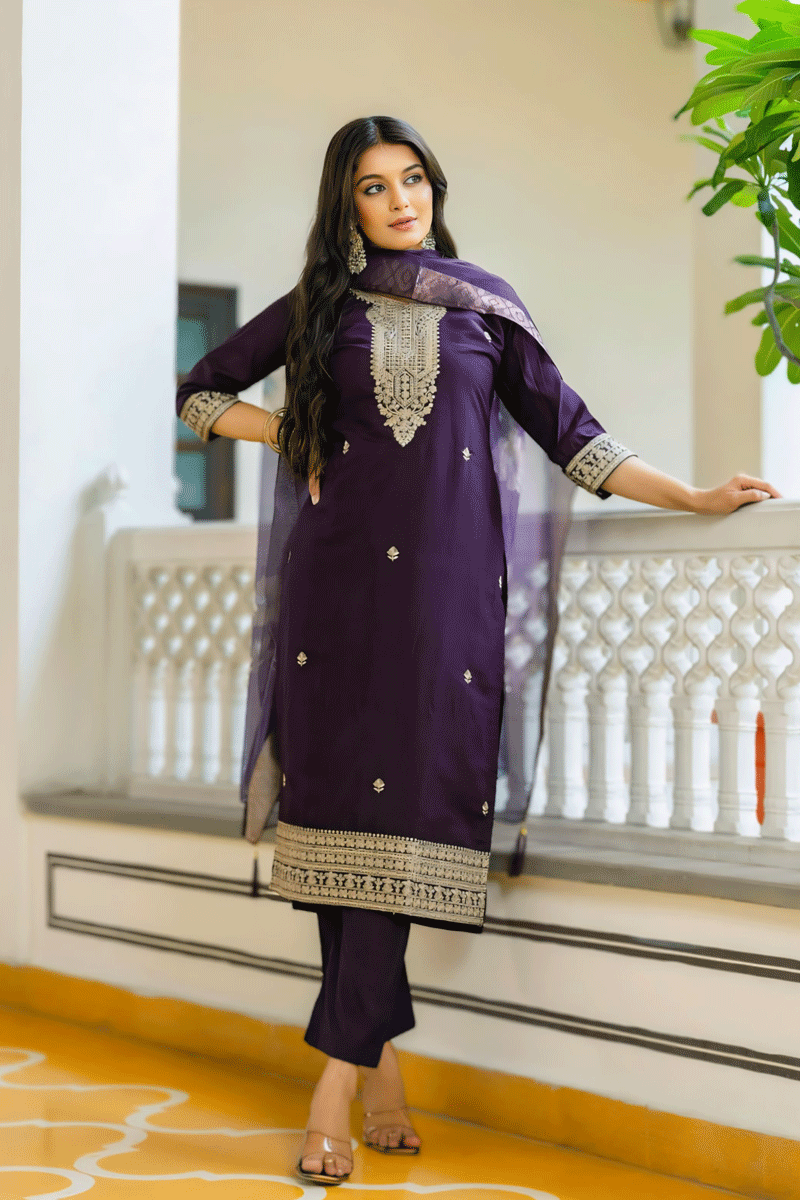  Purple Embroidery Work Kurti 