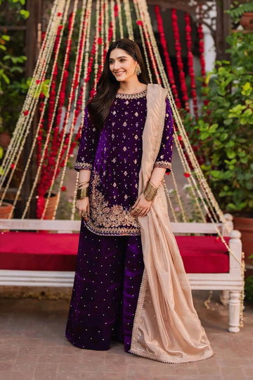 Purple velvet plazzo suit