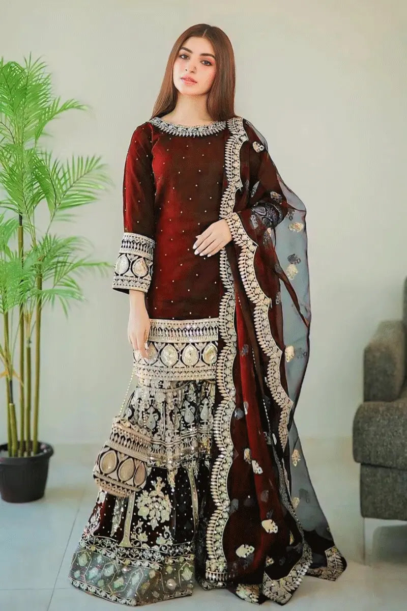 Maroon Sharara Suit Set Collection Online Shopping 2024
