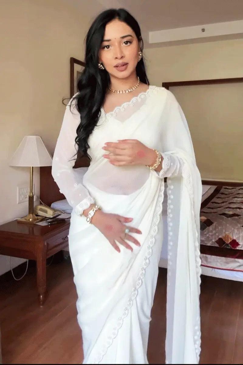 Ready To Wear White Saree For Farewell