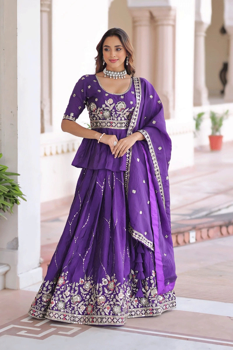 Babyhug Woven Half Sleeves Sequin Detailing Lehenga Choli & Dupatta Set With Floral Embroidery  - Purple