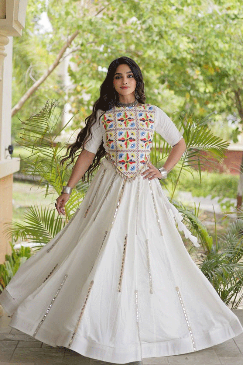Real Mirror Work White Lehenga