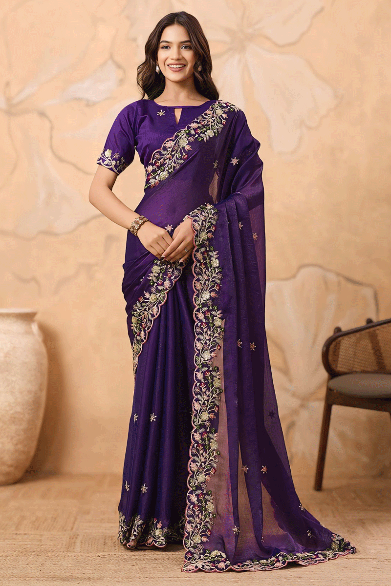 Reception Special Embroidery Purple Saree