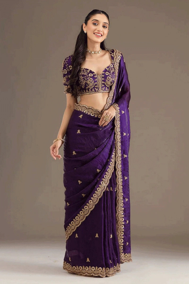Dark Purple Sequence Work Saree for Reception Party