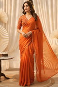 Reception Wear Orange Silk Saree for Girl