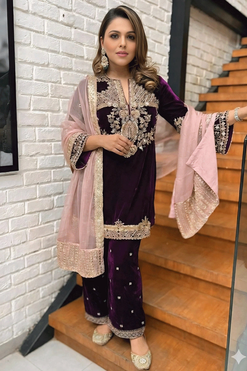 Reception Wear Velvet Embroidered Suit for Women