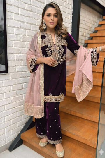Reception Wear Velvet Embroidered Suit for Women