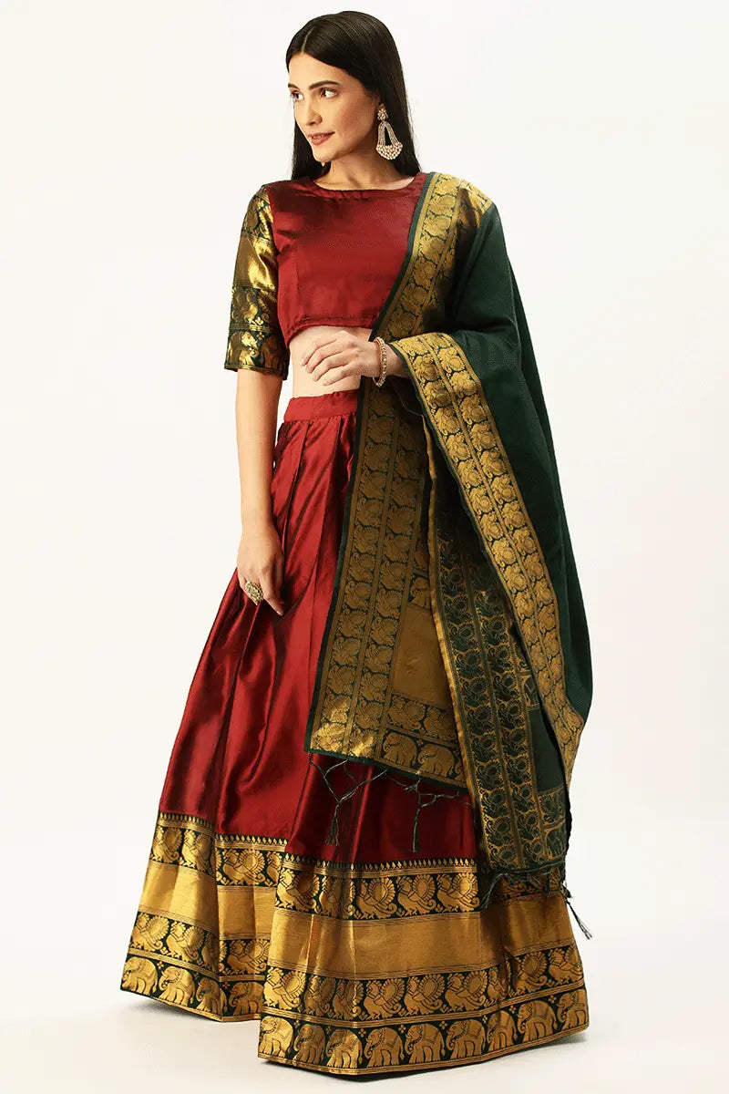 Red Color Half Saree Trendy Design With Green Color Dupatta