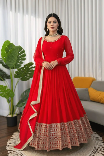plain red anarkali dress Women Red Anarkali Suit Set Indian Ethnic Party Wear Embroidered Gown Dupatta