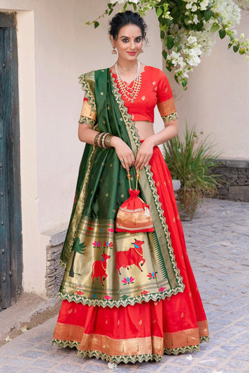 Red Half Saree with Green Voni for Girls