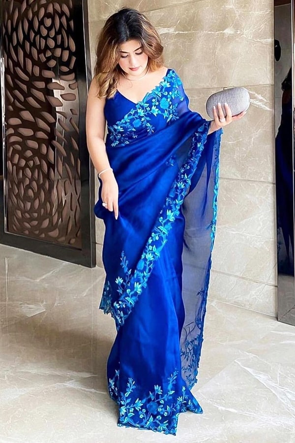 Navy Blue Saree Pure Organza Silk Sarees Online LOmbre Blue