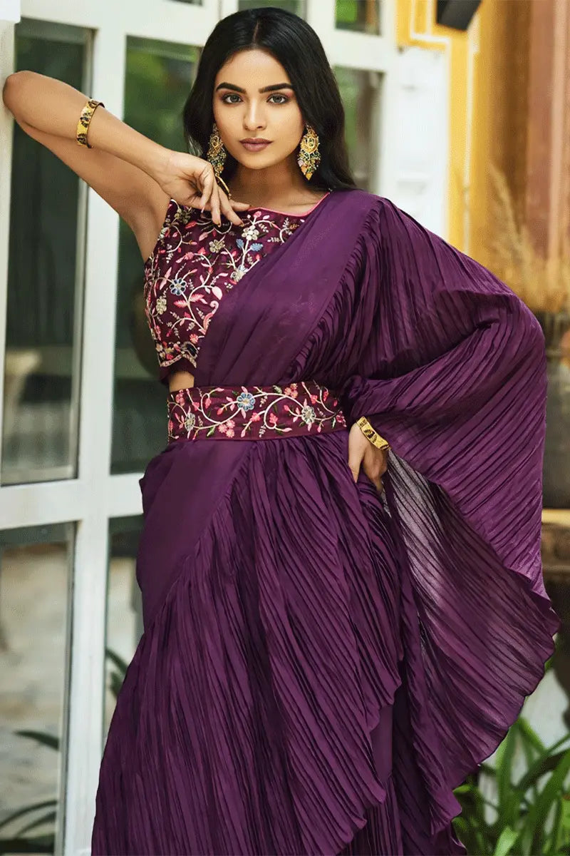 Latest Purple Color Ruffle Saree With Belt