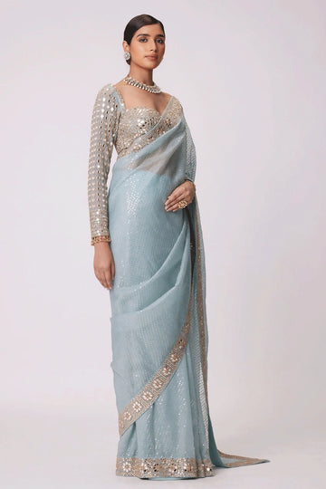 SKY BLUE SEQUENCE SAREE FOR WEDDING