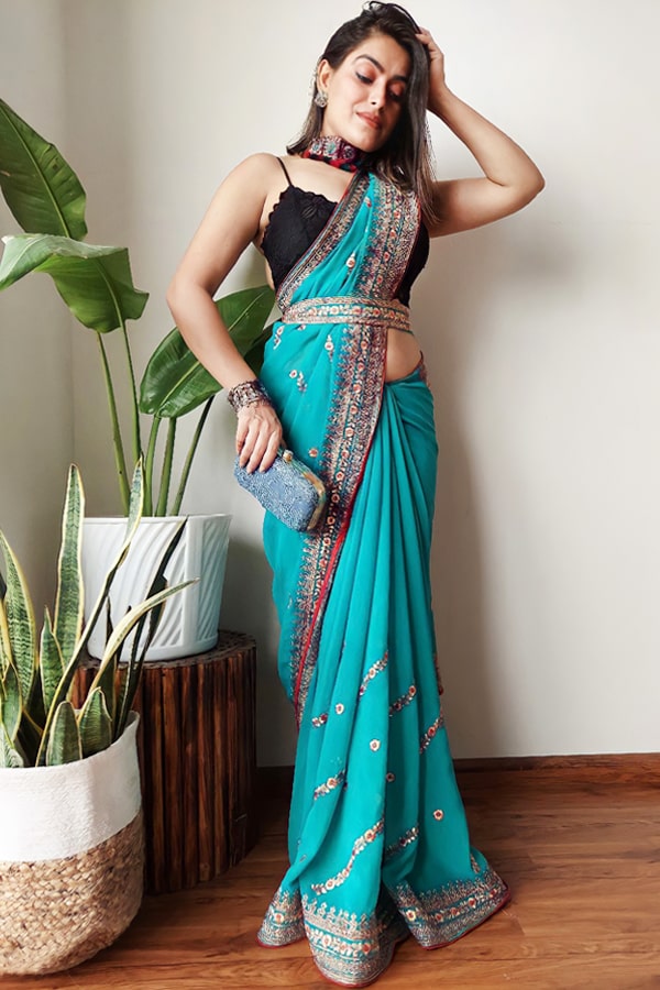 Fancy Saree with Belt online shopping Teal - Anaya Designer Studio