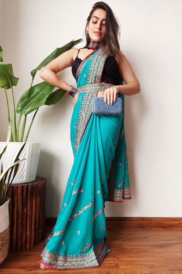 Fancy Saree with Belt online shopping Teal - Anaya Designer Studio