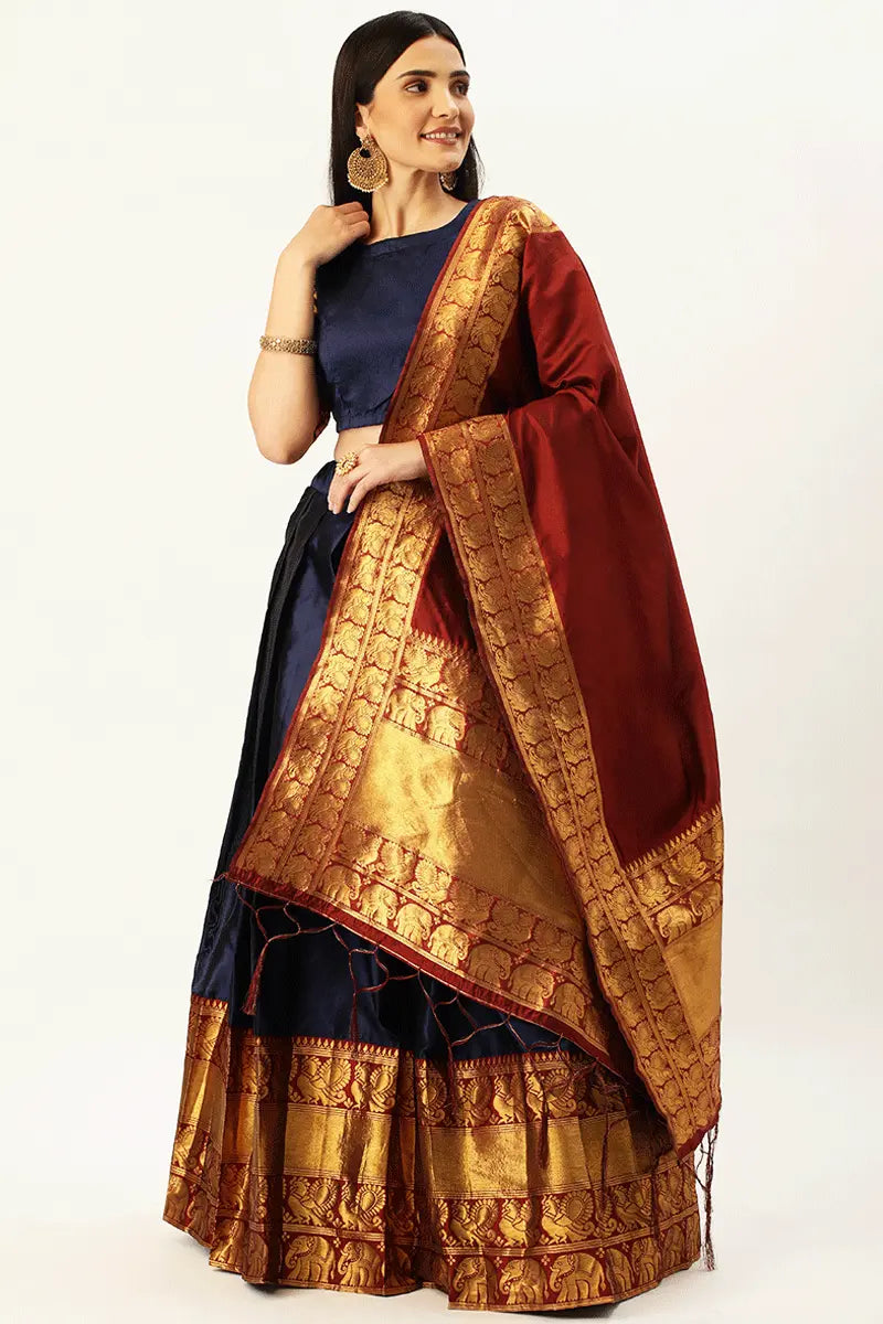 Semi Stitched Trendy Navy Blue Half Saree Design